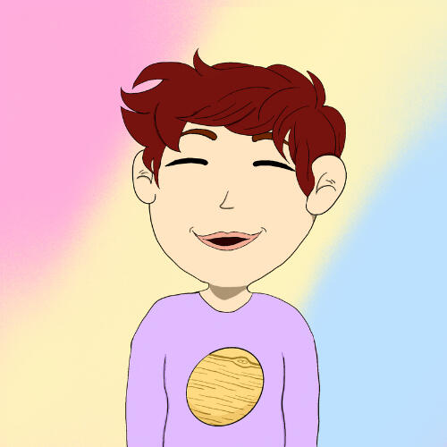 A digital image of Jay (aka Jupiterscorner). On their shirt is a cartoon drawing of the planet Jupiter. Behind them is a spraypaint pastel background with pink, yellow, and blue.